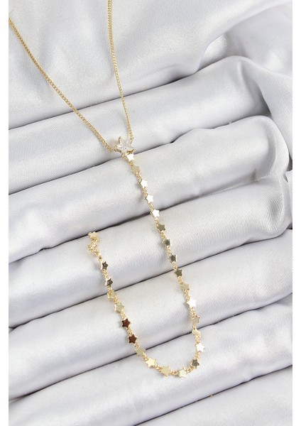 Pirinç Zirkon Taşlı Yıldız Figürlü Y Model Gold Renk Kadın Kolye