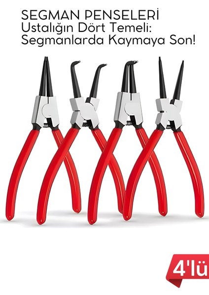 Profesyonel 4'lü Segman Pensesi Seti | 18 cm | Iç Dış Eğri Düz Uçlu Yaylı Pense Takımı 722504
