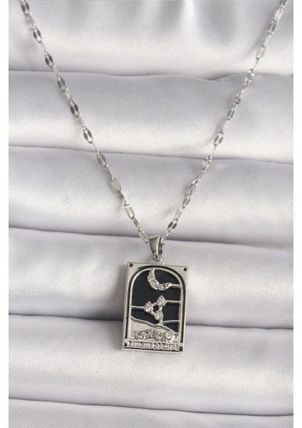 316L Çelik Gümüş Renk Zirkon Taşlı Ay Figürlü Taror Model Kadın Kolye