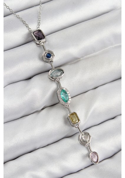Pirinç Renkli Zirkon Taşlı Model Gümüş Renk 7 Element Kadın Y Kolye