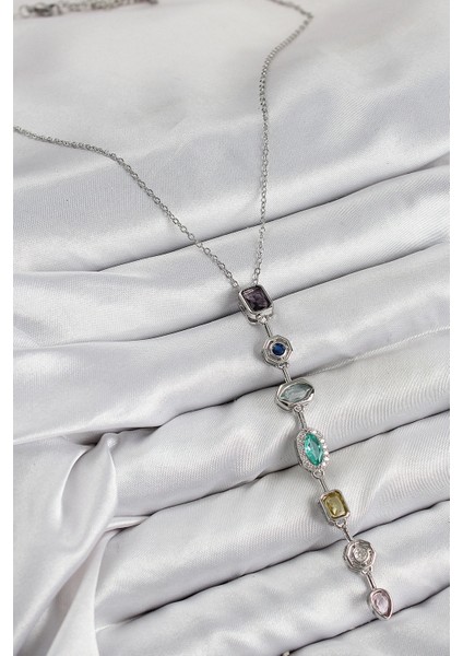 Pirinç Renkli Zirkon Taşlı Model Gümüş Renk 7 Element Kadın Y Kolye fiyatları