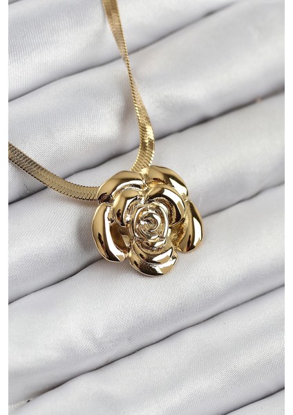 316L Çelik Gül Figürlü Italyan Zincir Model Gold Renk Kadın Kolye