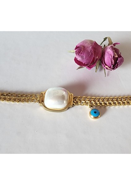 Kadın Nazar Boncuklu Inci Detaylı Çelik Bileklik