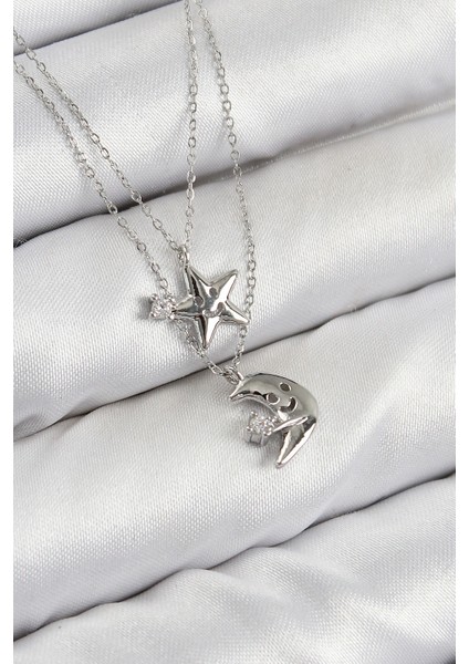 Pirinç Zirkon Taşlı Yıldız ve Ay Model Gümüş Renk Kadın Kolye