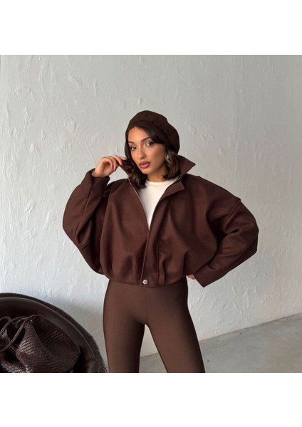 Bayan Haki Kısa Kaşe Fermuarlı Bomber Kaban Mont Ceket