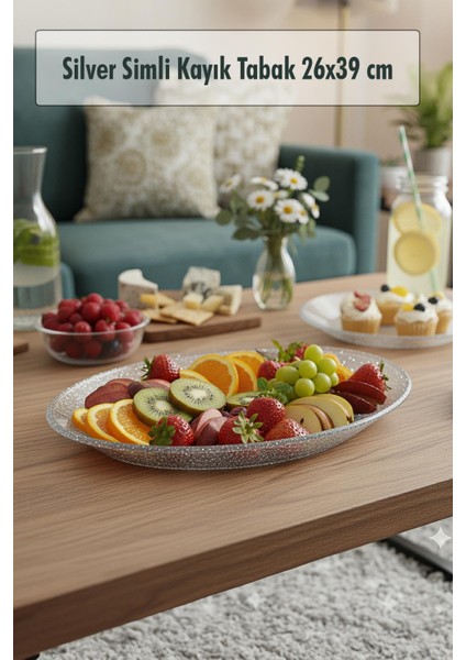Silver Simli Büyük Kayık Tabak Sunum & Servis Tabağı - 26,5 x 39,5 cm