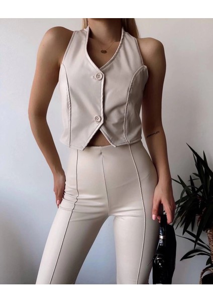 Iki Düğmeli Deri Yelek Krem S243001