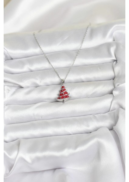 316L Çelik Zincir Gümüş Renk Kırmızı Çam Ağacı Model Yılbaşı Temalı Kadın Kolye fiyatları
