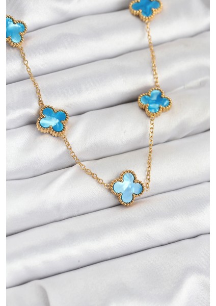 316L Çelik Zincir Gold Buz Mavisi Renk Yonca Kolye