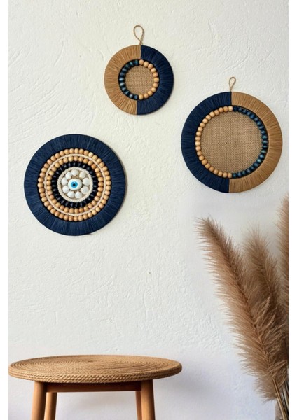 Boho Tarz 3’lü Duvar Süsü – Doğal Hasır, Rafya ve Ahşap Boncuk Dekorasyonu