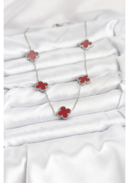 316L Çelik Zincir Gümüş Renk Bordo Renk Yonca Kadın Kolye fiyatları