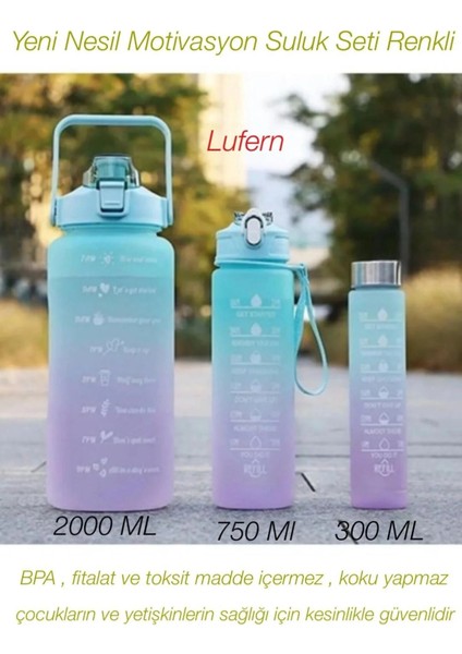 Yeni Nesil Motivasyon Suluk Seti Renkli Bpa Içermez Koku Yapmaz Spor Matara 2000 Ml- 700 Ml- 300 ml
