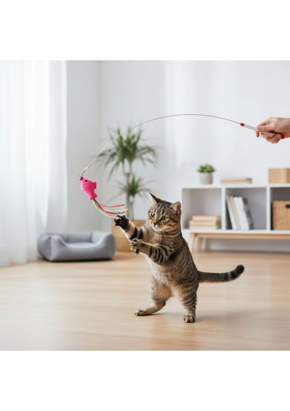 Balıklı Kedi Oyun Oltası 90 cm – Esnek Telli Tüylü Kedi Oyuncağı, Etkileşimli Eğlence Çubuğu