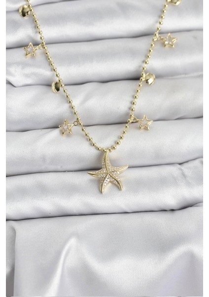 Pirinç Gold Renk Zirkon Taşlı Deniz Yıldızı Model Kadın Kolye