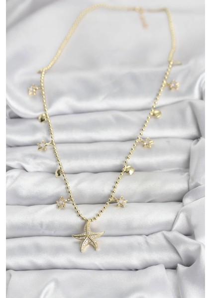 Pirinç Gold Renk Zirkon Taşlı Deniz Yıldızı Model Kadın Kolye fiyatları
