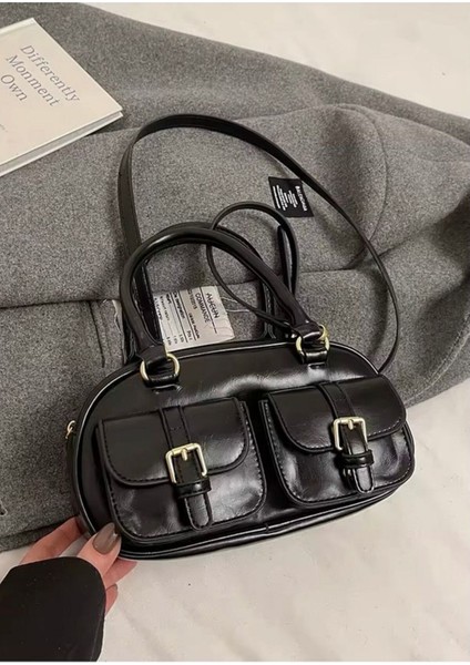 Kadın Çift Cepli Tokalı Deri Görünümlü Mini Omuz ve El Çantası