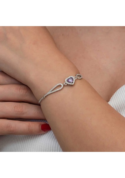 Gümüş Mor Zirkon Taşlı Kalp Bileklik fırsatları