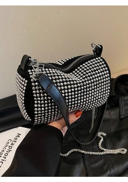 Zey Kadın Zincir Askılı Kristal Taşlı Siyah Omuz ve El Çantası