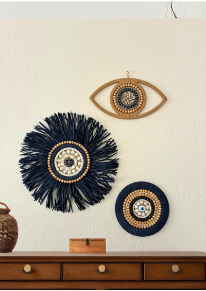 Doğal Ahşap ve Deniz Kabuklu El Yapımı Duvar Süsü 3’lü Set – Nazar Temalı Dekoratif Duvar Aksesuarı