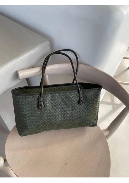 Nadi Tote Fermuarlı Örgü Detaylı Baget El Omuz Çantası