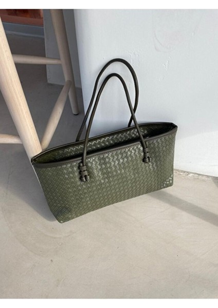 Nadi Tote Fermuarlı Örgü Detaylı Baget El Omuz Çantası