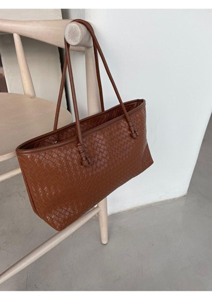 Nadi Tote Fermuarlı Örgü Detaylı Baget El Omuz Çantası Taba modelleri