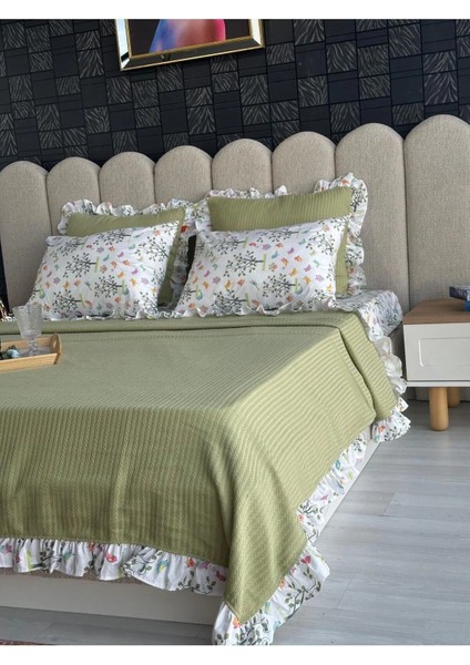 Çift Kişilik Fırfırlı Pike Takımı Kiraz Çiçeği Desenli 6 Parça Pike Seti | Yeşil |