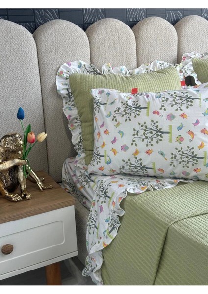 Çift Kişilik Fırfırlı Pike Takımı Kiraz Çiçeği Desenli 6 Parça Pike Seti | Yeşil | fiyatları