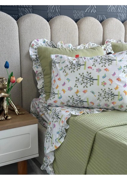 Çift Kişilik Fırfırlı Pike Takımı Kiraz Çiçeği Desenli 6 Parça Pike Seti | Yeşil | modelleri