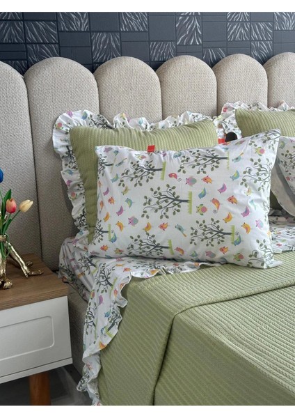 Çift Kişilik Fırfırlı Pike Takımı Kiraz Çiçeği Desenli 6 Parça Pike Seti | Yeşil | fırsatları