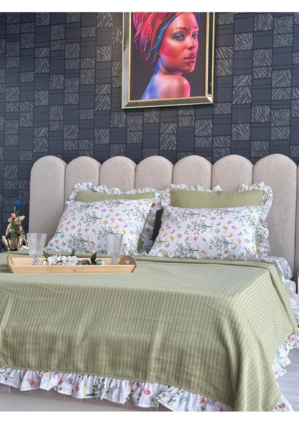 Çift Kişilik Fırfırlı Pike Takımı Kiraz Çiçeği Desenli 6 Parça Pike Seti | Yeşil | indirimleri