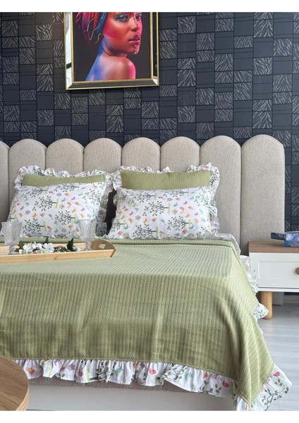 Çift Kişilik Fırfırlı Pike Takımı Kiraz Çiçeği Desenli 6 Parça Pike Seti | Yeşil |