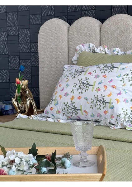 Çift Kişilik Fırfırlı Pike Takımı Kiraz Çiçeği Desenli 6 Parça Pike Seti | Yeşil |