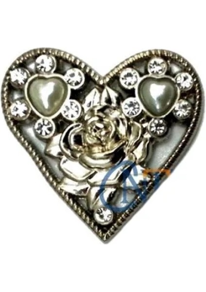 Taşlı Kalp Broş, Kutu, Sandık Süsü - Nikel, 10 Adet