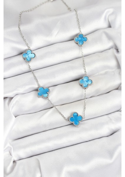 316L Çelik Zincir Gümüş Buz Mavisi Renk Yonca Kadın Kolye fiyatları