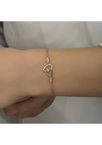Gümüş Rose Kalpli Tektaş Kadın Bileklik