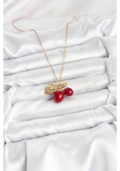 316L Çelik Zincir Yapraklı Kiraz Model Gold Renk Kadın Kolye fiyatları