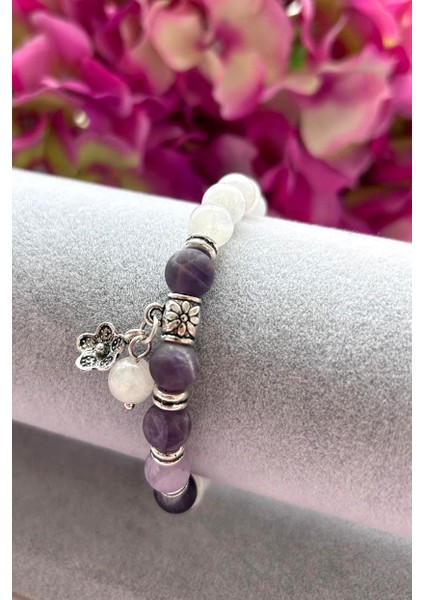 8 mm Ay Taşı ve Mat Ametist Doğaltaş Bileklik modelleri
