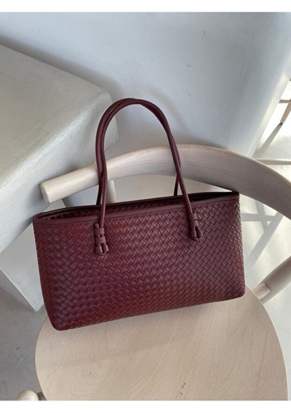 Nadi Tote Fermuarlı Örgü Detaylı Baget El Omuz Çantası Bordo