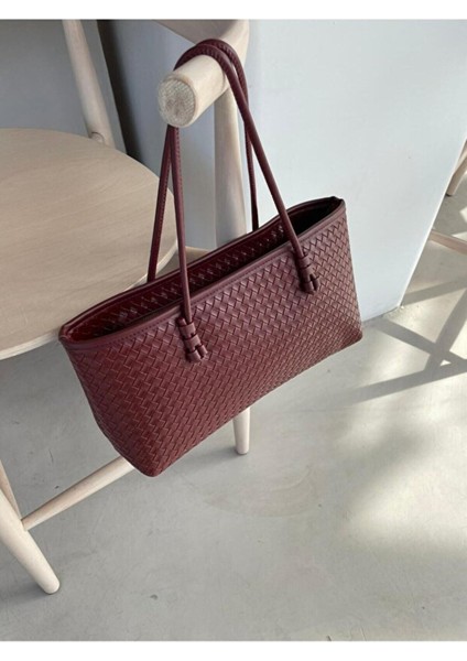 Nadi Tote Fermuarlı Örgü Detaylı Baget El Omuz Çantası Bordo fiyatları