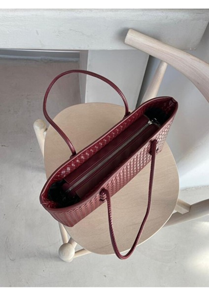 Nadi Tote Fermuarlı Örgü Detaylı Baget El Omuz Çantası Bordo modelleri