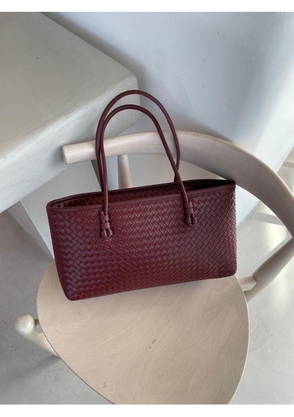 Nadi Tote Fermuarlı Örgü Detaylı Baget El Omuz Çantası Bordo indirimleri