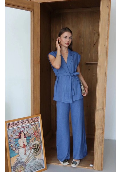 Keten Yelek Pantolon Takım Indigo Pt