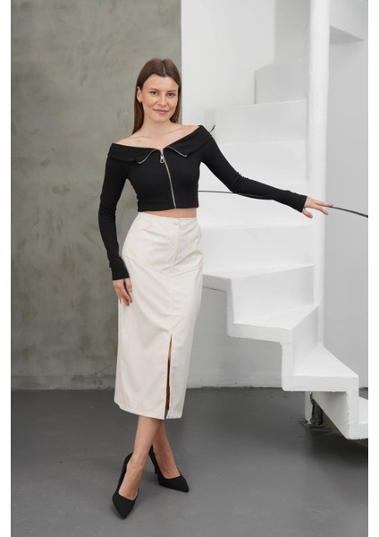 Yırtmaçlı Uzun Deri Etek Krem modelleri