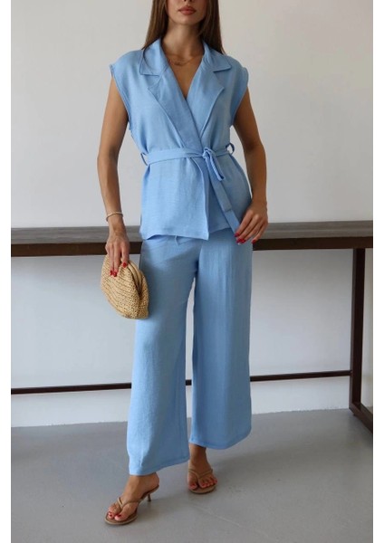 Keten Yelek Pantolon Takım Mavi Pt