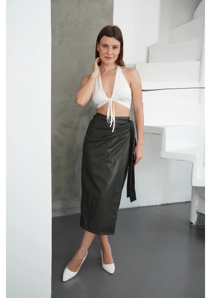 Kuşaklı Uzun Deri Etek Haki H26414 fiyatları