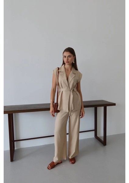 Keten Yelek Pantolon Takım Bej Pt
