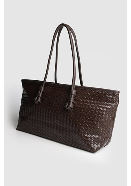 Nadi Tote Fermuarlı Örgü Detaylı Baget El Omuz Çantası Kahverengi