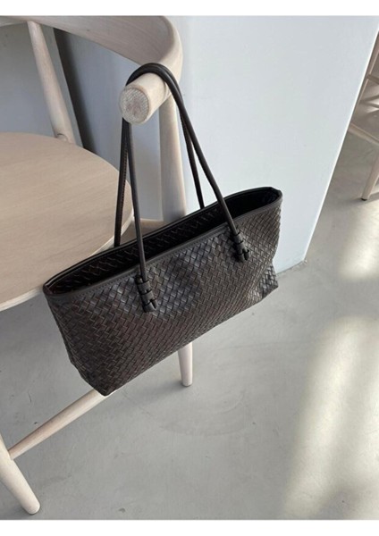 Nadi Tote Fermuarlı Örgü Detaylı Baget El Omuz Çantası Kahverengi fırsatları