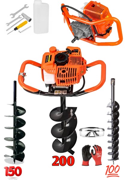 6200CC Toprak Burgu Makinesi ve Fidan Dikme Seti Titanyum 3 Başlıklı 100MM / 150MM/ 200 mm Set